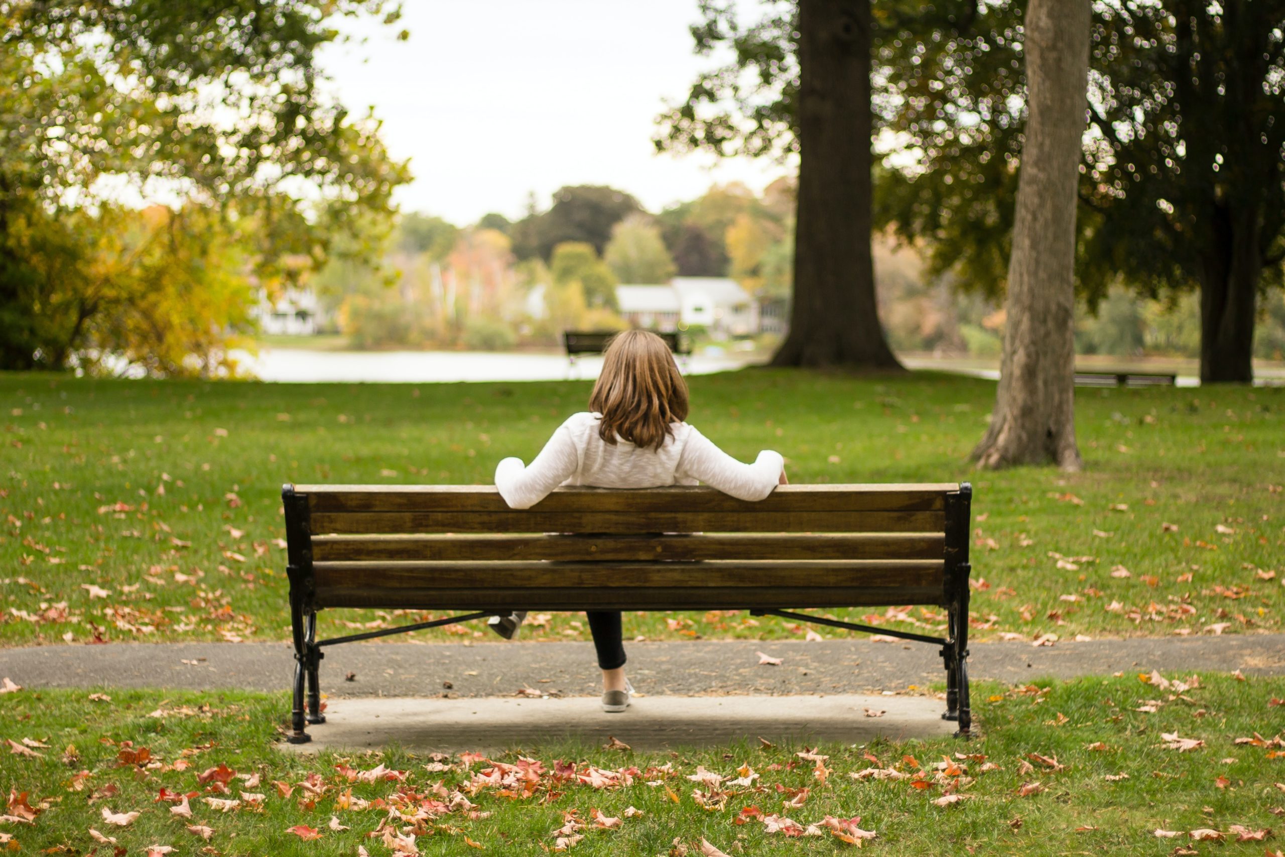 woman sitting on a bench with back to us in a park